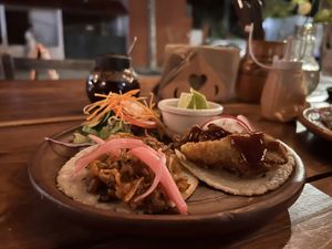 KFC and pibil tacos  at Plantivoros in Playa Del Carmen