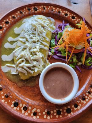 Tlacoyo with Green Tomatillo Salsa at Plantivoros in Playa Del Carmen
