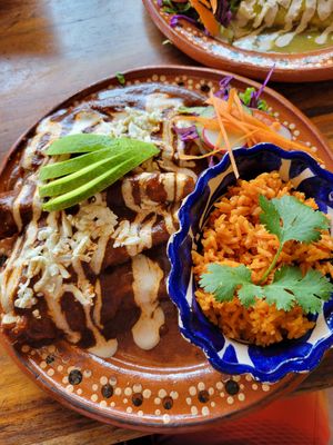 Enmoladas filled with chickpea breaded "meat" at Plantivoros in Playa Del Carmen