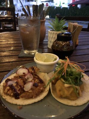 Tacos and bubbly water  at Plantivoros in Playa Del Carmen