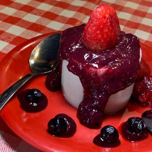 Panna Cotta w/ Berry Compote & mixed Berries.  (Kalamazoo Vegan Chef Challenge 5/25) at Studio Grill in Kalamazoo