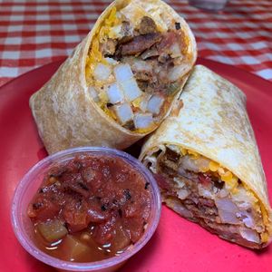 Chorizo Breakfast Burrito: Vegan Chorizo & Cheeze, Potatoes, Tomatoes, Salsa.   at Studio Grill in Kalamazoo