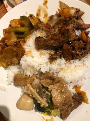 Mock chicken and vegetables, mock duck in Szechuan sauce and mock chicken in black bean sauce. So tasty! at Kinloss Chinese Takeaway in Kinloss