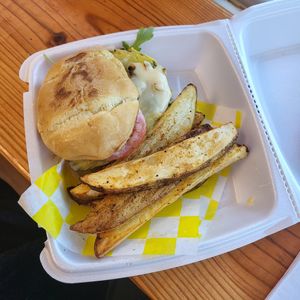 Oat burger and potato wedges at Taste & See in Milledgeville