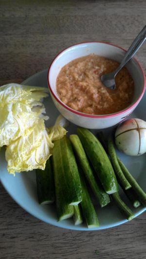 pepper and vegetarian fish sauce dip with vegetables. at Pattaya Vegetarian Food in Pattaya