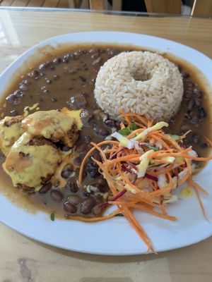 Black beans, croquettes, salad, rice at Good Karma in Lima