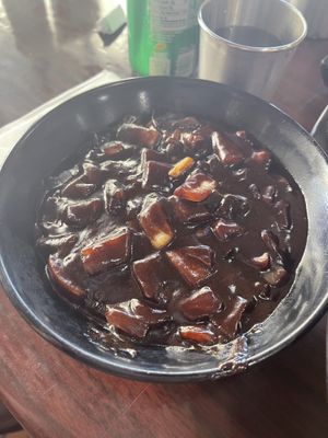 Vegan jjajangmyun before mixing with noodles  at Zzamong in Los Angeles