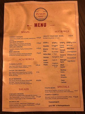 Menu at Fusion Bowls in Den Bosch