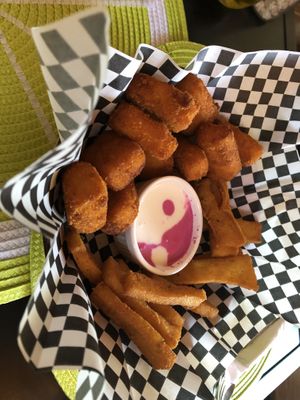 Cheese poppers and polenta fries - excellent   at Vegan Garden in Pucon