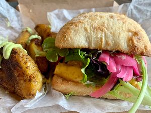 Vegan Frittata Brunch Sandwich + Smashed potatoes at Ghostlight Coffee - Midtown in Dayton