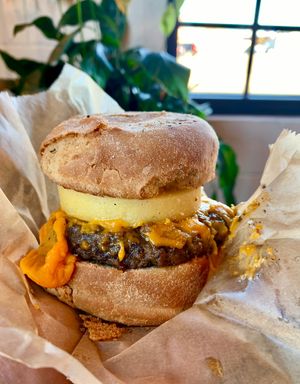 Vegan Breakfast Sandwich. Impossible chorizo, polenta and cheddar. at Ghostlight Coffee - Midtown in Dayton