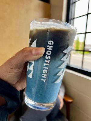 💫The ‘Far, Far Away’ Latte for #MayThe4th - Butterfly pea powder, blueberry syrup, vanilla, activated charcoal and oatmilk 🌒🛸   at Ghostlight Coffee - Midtown in Dayton