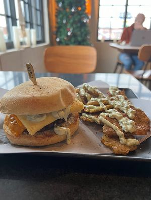 Vegan breakfast sammy + smashed potatoes with vegan chive aioli drizzle  #Veganuary at Ghostlight Coffee - Midtown in Dayton