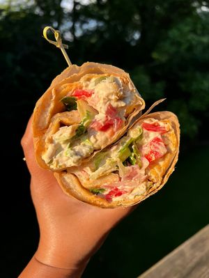 Veggie sandwich, minus the feta. (Shawarma-spiced chickpeas, hummus, tomato, pickles, onions, romaine) 👌🏼  at Old Scratch in Centerville