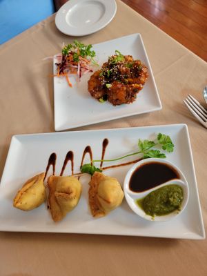 Vegetable samosas and cauliflower manchurian at Raas Indian Fusion in Lewes