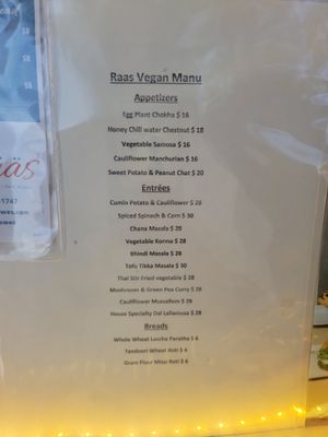 Vegan menu at Raas Indian Fusion in Lewes