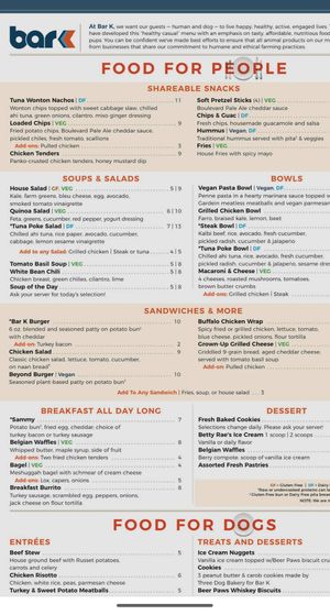 Menu at Bar K in Kansas City