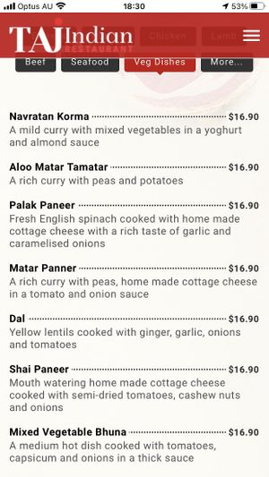Vegetarian options that can be veganized at Taj Indian in Huskisson