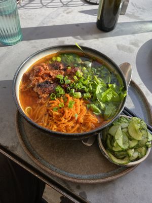 vegan ramen + salted cucumber  at Kolm Tilli in Tartu