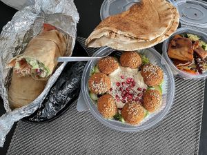 Falafel sandwich (left), Falafel avocado (middle), Fatoush salad (right) at Best Maza in Leipzig