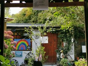 Under sheltered seating at Mimosa Tea Garden in Birkenhead