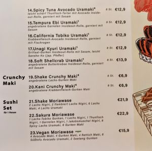 Menu (vegan dishes green labeled) at Kikuya in Stuttgart