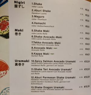 Menu (vegan dishes green labeled) at Kikuya in Stuttgart