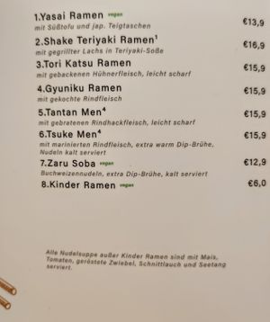 Menu (vegan dishes green labeled)  at Kikuya in Stuttgart