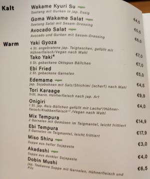 Menu (vegan dishes green labeled)  at Kikuya in Stuttgart