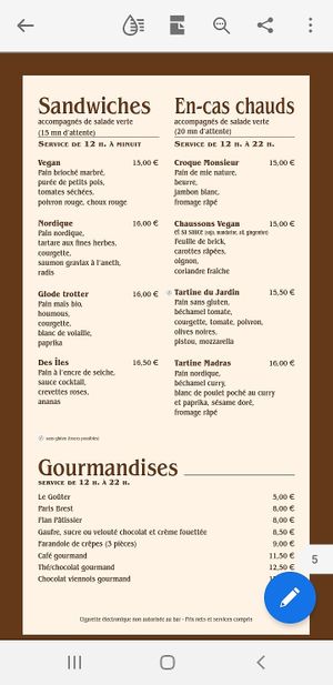 La carte at Bar La Passerelle in Saint-malo