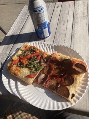Vegan Pepperoni  and vegan combo slice   at Williamsburg Pizza in New York City