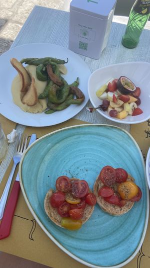 Fava bean dip, Mercadona fruits, frizzelle with tomatos   at Borgo Antico Bistrot in Ostuni