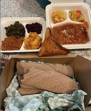 Sambusa, Injera, and combo #4 at Little Ethiopia Eatery in Portland