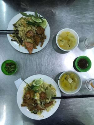Plate with rice, mock meat, vegtables and a soup, very tasty! at Au Lac in Tuy Hoa