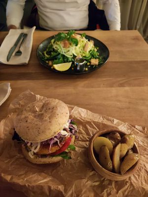 The salad was really good, burger was a bit dry at Dren in Skopje