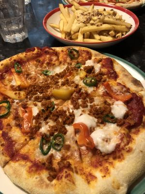 Pepperoni (crumb) pizza & cheesy fries.  at Frankie & Benny's in Fareham