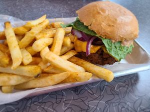 Burger with fries at V's Diner in Casselberry