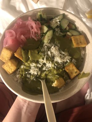 Tofu bowl w/ saag sauce  at Pataka Vegetarian Indian Food in New Haven