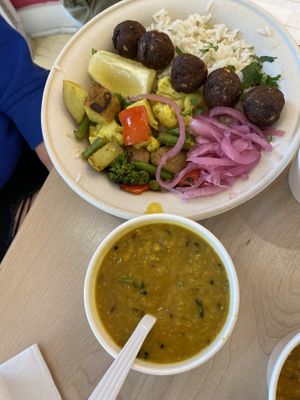 Roasted veggies and rice with lentil balls  at Pataka Vegetarian Indian Food in New Haven