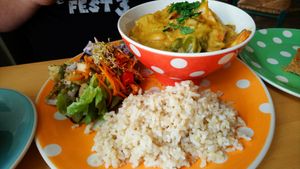 Curry with rice and salad at Toucan Wholefoods in Minehead