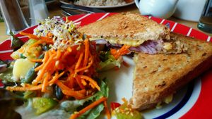Toasted vegan cheese and onion sandwich at Toucan Wholefoods in Minehead