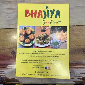 Front of menu for contact details  at Bhajiya in Surry Hills
