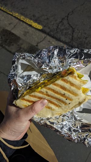 Toasted naan sandwich filled with lentils and vegetables at Bhajiya in Surry Hills