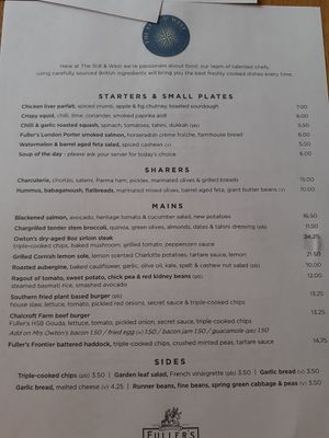 Menu- Vegan marked as PB (plant based) at The Still & West Old Portsmouth in Portsmouth