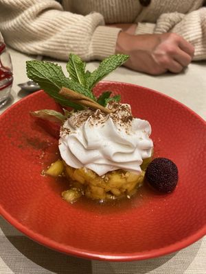 Pineapple tartare with 5 spices, Chinese nougat crumble and rum-coconut foam  at La Cafetière Fêlée in Antibes