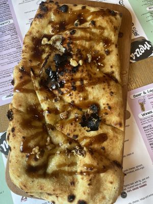 Focaccia with fig, walnuts, pear and white balsamic jam (ask for no mozzarella to make it vegan) at Mozza in St Andrews