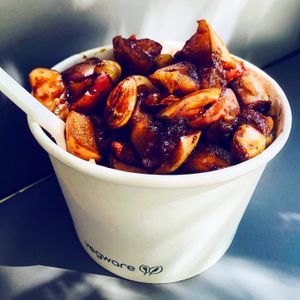 Oat pudding with caramelised apples and nut mix  at V Square Burger in Ramnicu Valcea