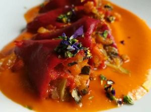 Piquillo peppers stuffed with vegetables and quinoa at Garum Bistro in Santiago De Compostela