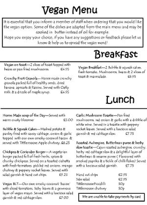Vegan Menu at At Home Cafe & Bistro in Grange-over-sands