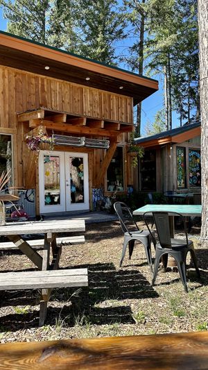 Picnic tables out front  at Max's in Bigfork